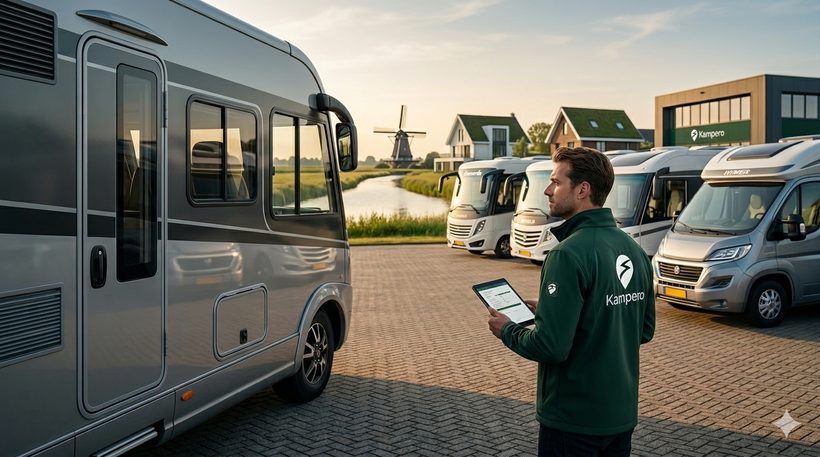Kampero-adviseur met tablet bij een rij ingekochte campers